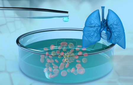 Foto de Sistema respiratorio humano con virus en laboratorio de química. ilustración 3d - Imagen libre de derechos