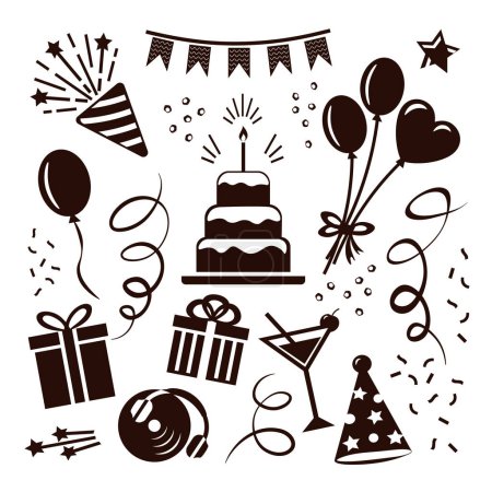 Happy birthday, anniversary, gifts, cake, balloons, DJ, garland, confetti, celebration vector icons isolated on white background.