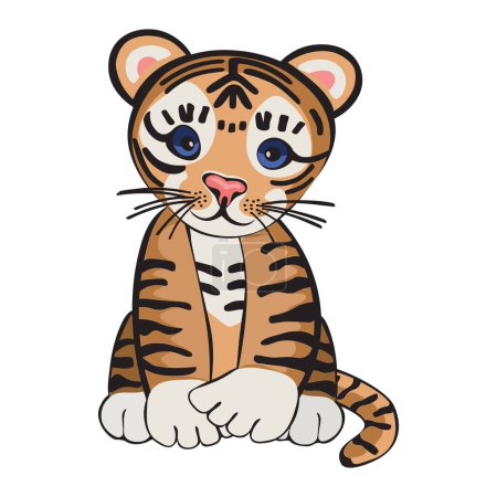 Illustration for Cute little tiger cub sitting upright, decorative element isolated on white background, vector illustration - Royalty Free Image