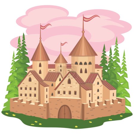 Illustration for Cartoon medieval castle with towers and defensive wall, fantasy buildings concept, vector illustration - Royalty Free Image