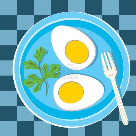 Gekochte Eihälften auf einem Teller, flache Vektorillustration, niedliches Küchenposter im Cartoon-Stil, gesundes Ernährungskonzept.