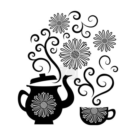 Teekanne und Tasse mit floralem Muster. Dekoratives Banner oder Abzeichen für Restaurant, Café, Bar, Teehaus. Flache Vektordarstellung, Gestaltungselemente, Komposition isoliert auf weißem Hintergrund. 