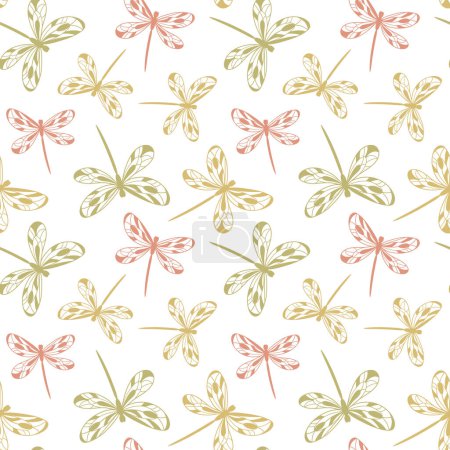 Ilustración de Fondo decorativo de verano con libélulas voladoras, patrón de vectores sin costuras sobre fondo transparente, impresión textil, fondo de pantalla. - Imagen libre de derechos