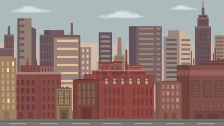 Téléchargez les illustrations : Paysage urbain avec bâtiments résidentiels et industriels, illustration vectorielle de dessin animé de rue de ville - en licence libre de droit