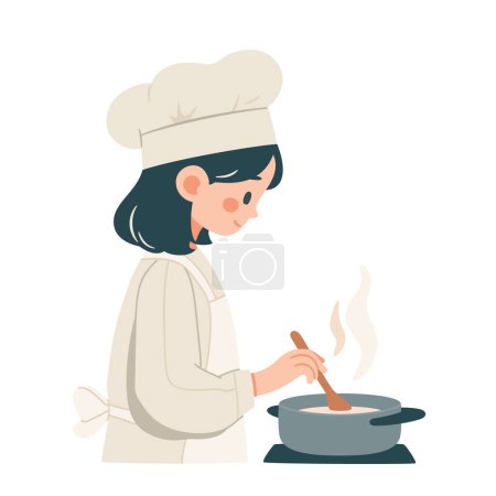 Ilustración de Chica feliz en un delantal y sombrero de chef preparando la comida. Maceta o sartén en la estufa. Cocina profesional o casera. Cocinar, hornear, mezclar ingredientes. Ilustración vectorial - Imagen libre de derechos