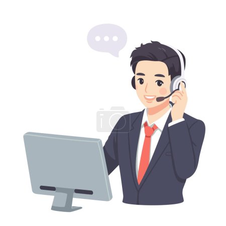 Illustration for Support call center people working in office wearing headsets, microphones, talking to customers. Customer service, call center, hotline. Online global technical support 24 7. Vector illustration - Royalty Free Image