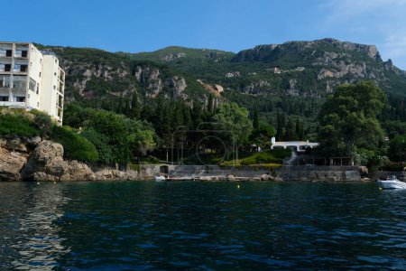 Monastery on the water, over which planes take off and land Greece Corfu island Vlacherna Monastery 