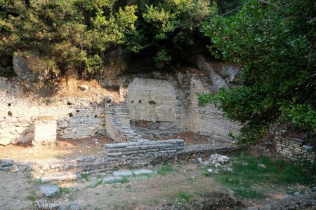 Ruins of Great Basilica in Butrint National Park, Buthrotum, Albania. Triconch Palace at Butrint Life and death of an ancient Roman house Historical medieval Venetian Tower surrounded. High quality