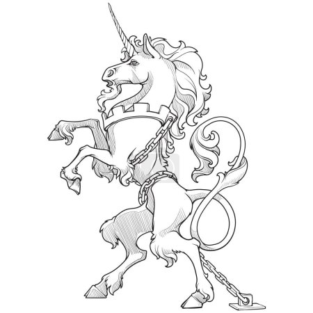 Ilustración de Heraldic unicorn walking on hind legs chained. Heraldic supporter a part of a Coat of Arms. line drawing isolated on white background. EPS10 vector illustration. - Imagen libre de derechos