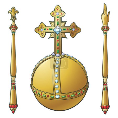 Ilustración de Sceptre and globus cruciger also known as orb. Sign of royal authority. Line drawing coloured and shaded isolated on white background. EPS10 Vector illustration - Imagen libre de derechos