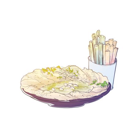 Ilustración de Hummus with carrot and celery slabs on a plate. Painted sketch. Vector illustration - Imagen libre de derechos