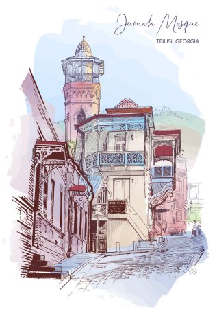 Illustration for Botanical Street in old Tbilisi. Line drawing painted with digital watercolour isolated on white background. EPS10 vector illustration - Royalty Free Image