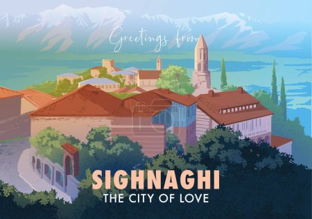 Téléchargez les illustrations : Sighnaghi most popular touristic view with Greater Caucasus and Alazani valley behind. Vintage travel Poster style illustration. EPS10 vector illustration - en licence libre de droit