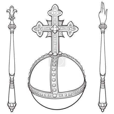 Ilustración de Cetro y globus cruciger también conocido como orbe. Signo de autoridad real. Dibujo en línea aislado sobre fondo blanco. EPS10 Ilustración vectorial - Imagen libre de derechos