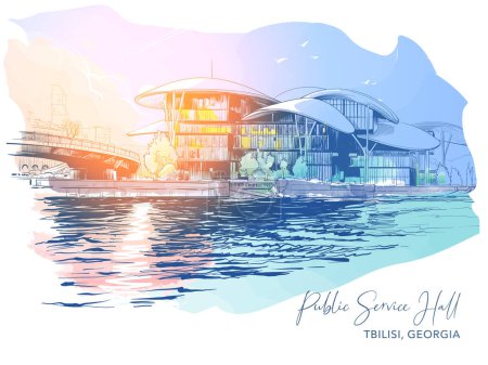 Illustration for Public Service Hall building and Kurt river embankment in Tbilisi, Georgia. Sketch for a Postcard or Travel Blog. Line drawing painted and isolated on white background. EPS10 vector illustration - Royalty Free Image