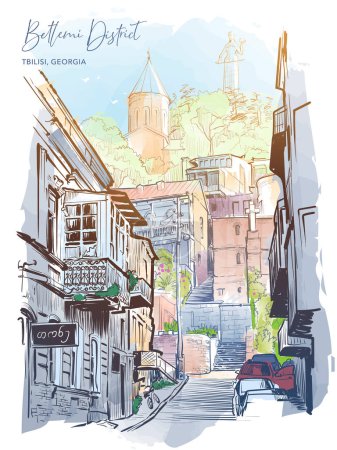 Ilustración de Narrow street leading to Betlemi district in Tbilisi, Georgia. Urban life sketch for a Postcard or Travel Blog. Line drawing painted and isolated on white background. EPS10 vector illustration - Imagen libre de derechos