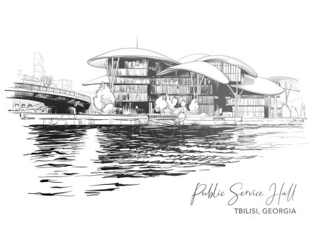 Téléchargez les illustrations : Public Service Hall building and Kura river embankment in Tbilisi, Georgia. Sketch for a Postcard or Travel Blog. Black Line drawing and isolated on white background. EPS10 vector illustration - en licence libre de droit