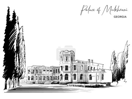 Illustration for Palace of Mukhrani. Country mansion near Mukhrani village, Georgia. Sketch for a Postcard or Travel Blog. Black Line drawing isolated on white background. EPS10 vector illustration - Royalty Free Image