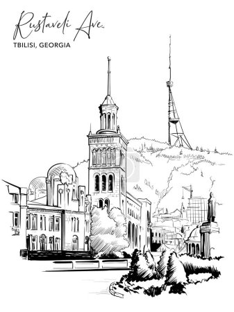 Illustration for Rustaveli street and square in Tbilisi, Georgia. Urban life sketch for a Postcard or Travel Blog. Black Line drawing isolated on white background. EPS10 vector illustration - Royalty Free Image