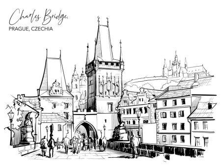 Ilustración de Puente de Carlos vista de la ciudad en Praga, República Checa. Dibujo de línea negra aislado sobre fondo blanco. EPS 10 ilustración vectorial. - Imagen libre de derechos