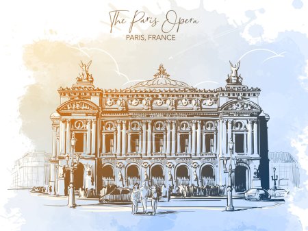 Illustration for The Paris Opera building. Line drawing isolated on watercolour textured grunge background. Postcard or Travel blog illustration. EPS 10 vector illustration. - Royalty Free Image