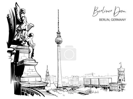 Téléchargez les illustrations : Vue du centre-ville de Berlin depuis le dôme de la cathédrale de Berlin. Dessin noir isolé sur fond blanc. Illustration vectorielle Eps10. - en licence libre de droit