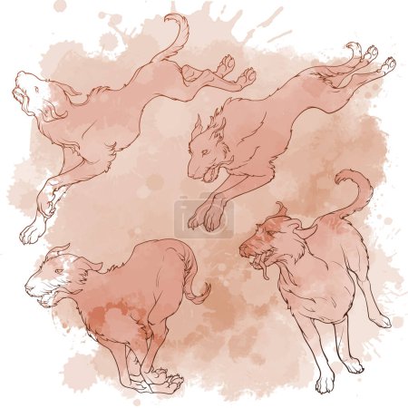 Ilustración de Los perros Wolfhound irlandeses empacan en diferentes posiciones de carrera. Conjunto de dibujos en línea negra aislados sobre fondo blanco. EPS 10 ilustración vectorial. - Imagen libre de derechos