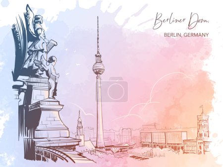 Illustration for Berlin city center view from the Berlin Cathedral dome. Black line drawing isolated on watercolour textured grunge background. Eps10 vector illustration. - Royalty Free Image