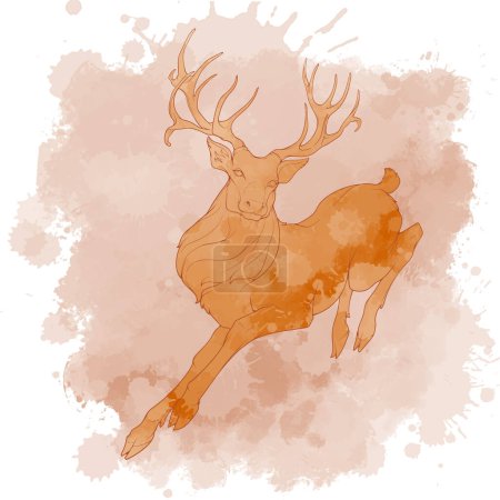 Illustration for A red deer stag running. Side full height view, magnificent antlers. Line drawing isolated on watercolour textured grunge background. EPS10 Vector illustration - Royalty Free Image
