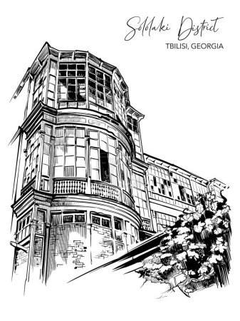 Ilustración de Edificio residencial georgiano tradicional con patio enmarcado con balcones acristalados. Tiflis, Georgia. Dibujo de línea negra aislado sobre fondo blanco. Ilustración vectorial EPS10 - Imagen libre de derechos