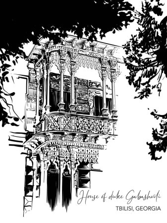 Traditional Georgian mansion with a balcony decorated with woodwork ornaments. Tbilisi, Georgia. Black Line drawing isolated on white background. EPS10 vector illustration