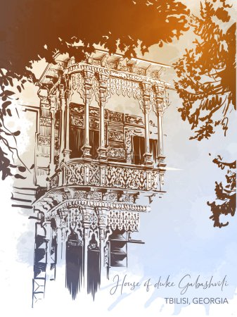 Ilustración de Mansión georgiana tradicional con balcón decorado con adornos de madera. Tiflis, Georgia. Dibujo en línea aislado sobre fondo texturizado acuarela. Ilustración vectorial EPS10 - Imagen libre de derechos