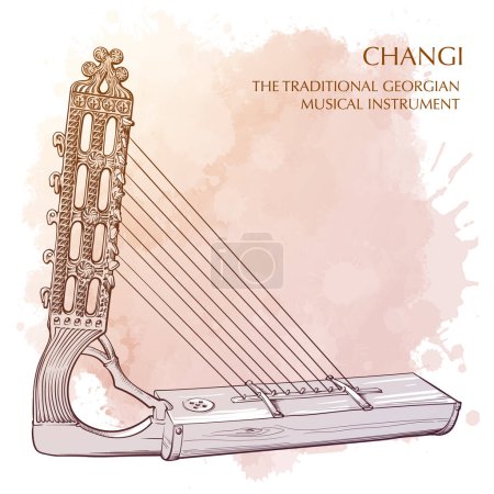 Illustration for Changi a traditional Georgian musical instrument similar to Harp. Line drawing isolated on grunge watercolor textured background. EPS10 vector illustration - Royalty Free Image