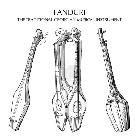 Ilustración de Panduri un instrumento musical georgiano tradicional similar a una mandolina. Dibujo de línea aislado sobre fondo de textura acuarela grunge. Ilustración vectorial EPS10 - Imagen libre de derechos
