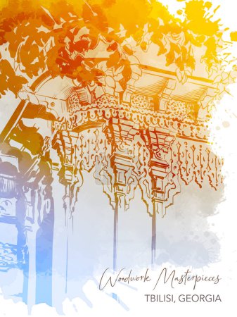 Ilustración de Mansión georgiana tradicional con balcón decorado con adornos de madera. Tiflis, Georgia. Dibujo en línea aislado sobre fondo texturizado acuarela. Ilustración vectorial EPS10 - Imagen libre de derechos