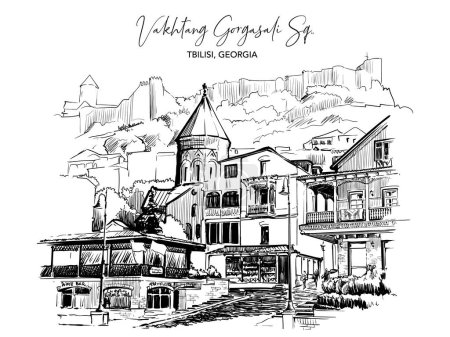 Illustration for Vakhtang Gorgasali Square and view of Narikala Fortress, Historic city center, Tbilisi, Georgia. Black Line drawing isolated on white background. EPS10 vector illustration - Royalty Free Image