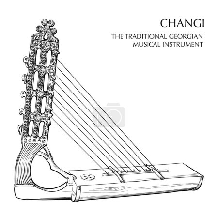 Téléchargez les illustrations : Changi un instrument de musique géorgien traditionnel semblable à Harpe. Ligne noire dessin isolé sur fond blanc. Illustration vectorielle EPS10 - en licence libre de droit