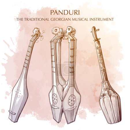 Illustration for Panduri a traditional Georgian musical instrument similar to a mandolin. Line drawing isolated on grunge watercolor textured background. EPS10 vector illustration - Royalty Free Image