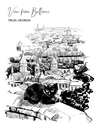 Ilustración de Vista desde la iglesia de Betlemi al centro de la ciudad, Tiflis, Georgia. Lindo gato negro en primer plano. Bosquejo de vida urbana. Dibujo de línea negra aislado sobre fondo blanco. Ilustración vectorial EPS10 - Imagen libre de derechos