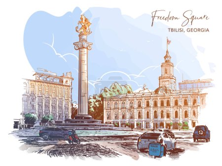 Illustration for Liberty Square and view of Tbilisi City Hall, Tbilisi, Georgia. Line drawing watercolour painted and isolated on white background. EPS10 vector illustration - Royalty Free Image