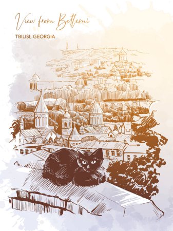 Illustration for View from Betlemi Church to the city center, Tbilisi, Georgia. Cute black cat in the foreground. Line drawing isolated on watercolor textured grunge background. EPS10 vector illustration - Royalty Free Image