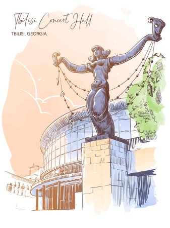Ilustración de Estatua de Melpomene frente al edificio de la Sala de Conciertos de Tbilisi. Tiflis, Georgia. Línea de dibujo acuarela pintada y aislada sobre fondo blanco. Ilustración vectorial EPS10 - Imagen libre de derechos