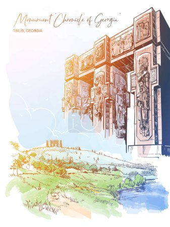 Ilustración de Monumento a la Crónica de Georgia, Mar de Tiflis, Georgia. Línea de dibujo acuarela pintada y aislada sobre fondo blanco. Ilustración vectorial EPS10 - Imagen libre de derechos