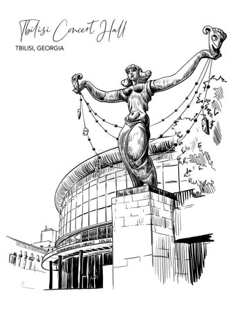 Ilustración de Estatua de Melpomene frente al edificio de la Sala de Conciertos de Tbilisi. Tiflis, Georgia. Dibujo de línea negra aislado sobre fondo blanco. Ilustración vectorial EPS10 - Imagen libre de derechos