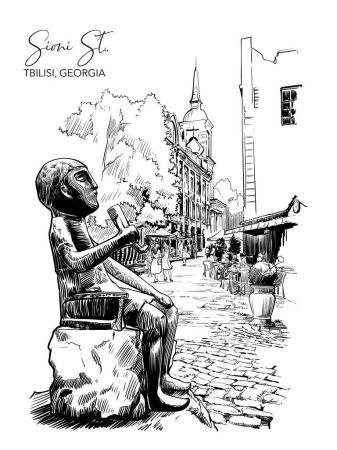 Ilustración de La Estatua de Tamada es una réplica de la figura que se encuentra en el tesoro de oro Colchic. Tiflis, Georgia. Dibujo de línea negra aislado sobre fondo blanco. Ilustración vectorial EPS10 - Imagen libre de derechos