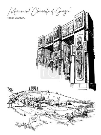 Ilustración de Monumento a la Crónica de Georgia, Mar de Tiflis, Georgia. Dibujo de línea negra aislado sobre fondo blanco. Ilustración vectorial EPS10 - Imagen libre de derechos