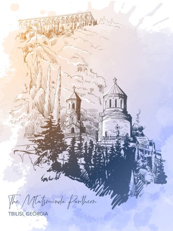 Illustration for Mtatsminda Pantheon of famous artists and national heroes, Tbilisi, Georgia. Line drawing isolated on watercolor textured grunge background. EPS10 vector illustration - Royalty Free Image