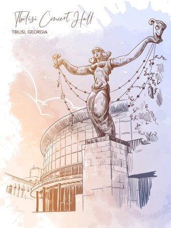 Ilustración de Estatua de Melpomene frente al edificio de la Sala de Conciertos de Tbilisi. Tiflis, Georgia. Dibujo de línea aislado sobre fondo grunge texturizado acuarela. Ilustración vectorial EPS10 - Imagen libre de derechos