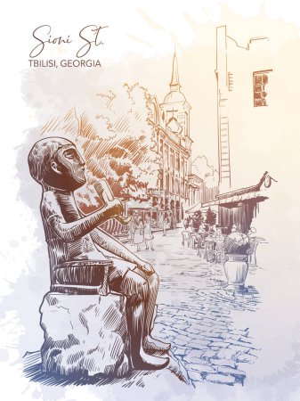 Ilustración de Estatua de Tamada - una réplica de la figura que se encuentra en el tesoro de oro Colchic. Tiflis, Georgia. Dibujo de línea aislado sobre fondo grunge texturizado acuarela. Ilustración vectorial EPS10 - Imagen libre de derechos