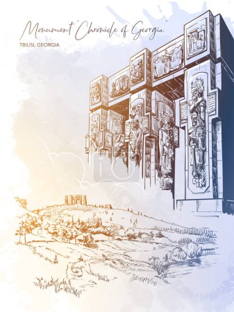 Ilustración de Monumento a la Crónica de Georgia, Mar de Tiflis, Georgia. Dibujo de línea aislado sobre fondo grunge texturizado acuarela. Ilustración vectorial EPS10 - Imagen libre de derechos